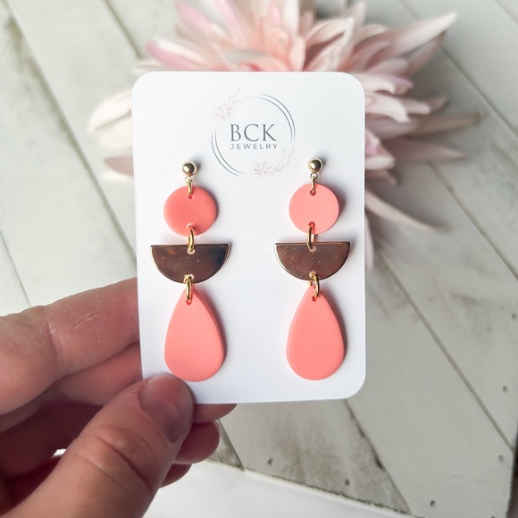 NEW polymer clay earrings HANDMADE by BCKjewelry bright coral statement earrings - Picture 8 of 8
